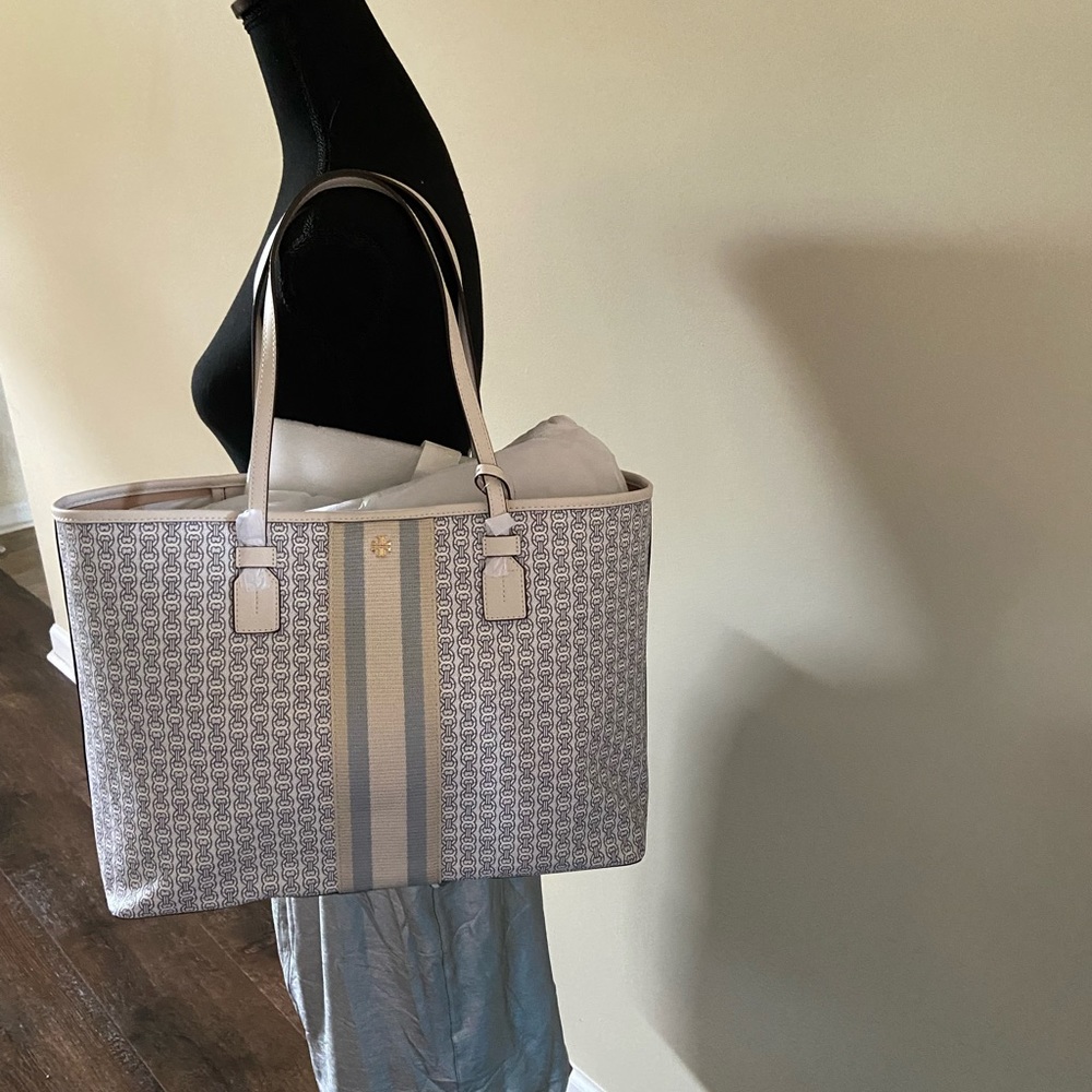 Tory Burch Gray and Cream Logo Stripe Large Tote